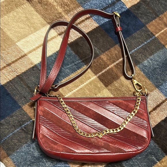 Fossil Handbags - Fossil Red Quilted Leather Shoulder Bag with Gold Chain